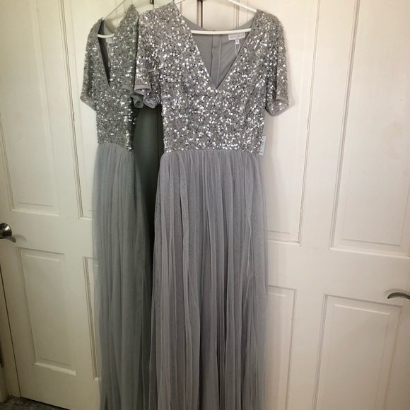 Maya Tall Bridesmaid V-neck Maxi Tulle Dress with Sequins in Silver - Picture 1 of 2